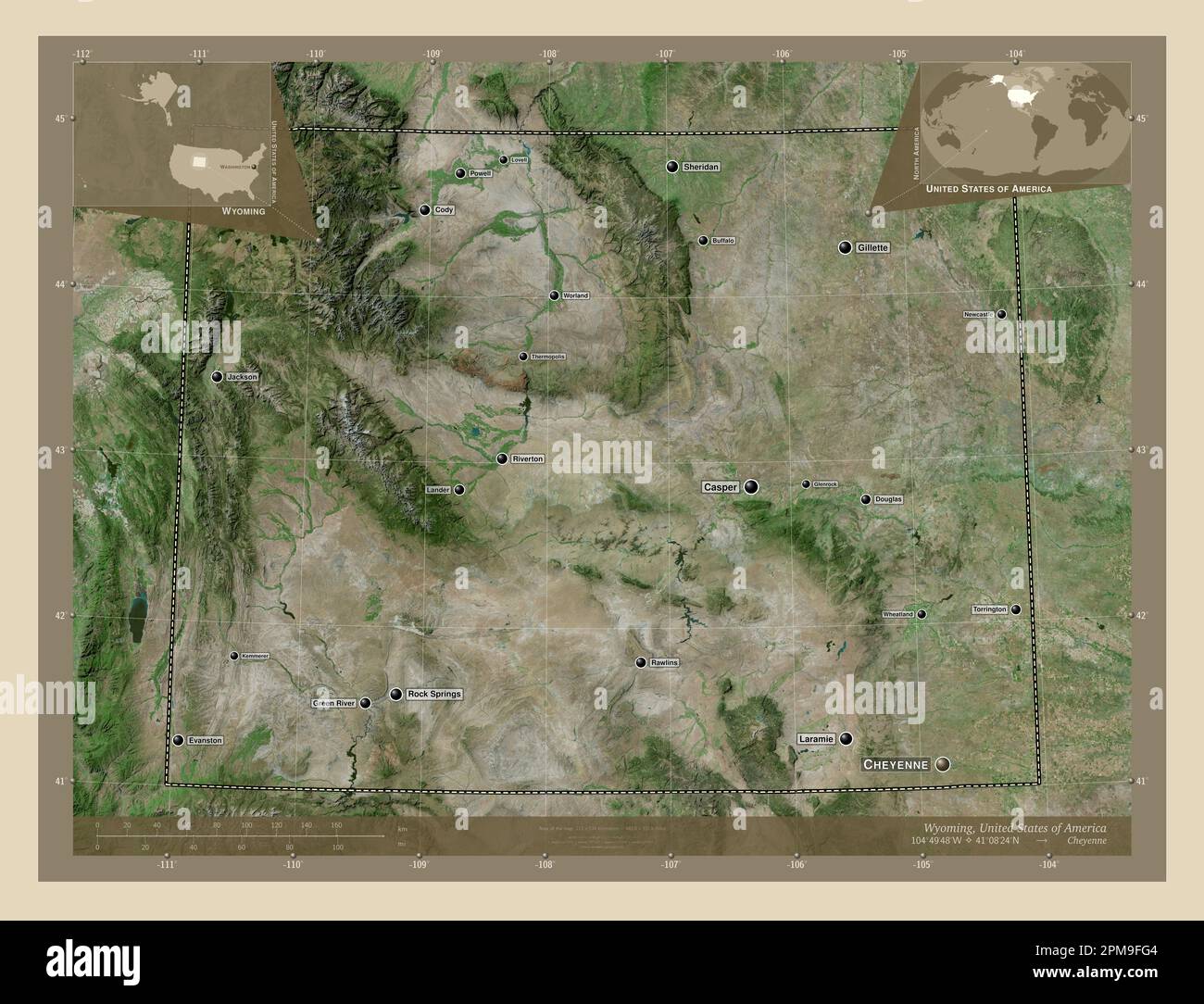 Wyoming State Of United States Of America High Resolution Satellite Wyoming State Of United States Of America High Resolution Satellite Map Locations And Names Of Major Cities Of The Region Corner Auxiliary Locatio 2PM9FG4
