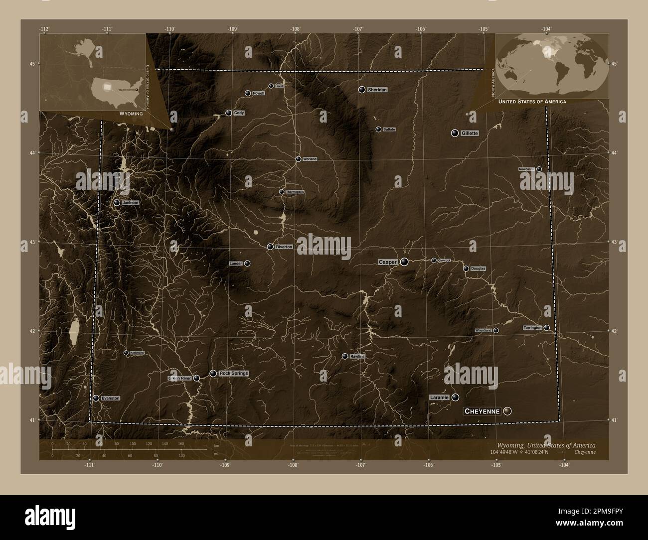 Wyoming, state of United States of America. Elevation map colored in sepia tones with lakes and rivers. Locations and names of major cities of the reg Stock Photo