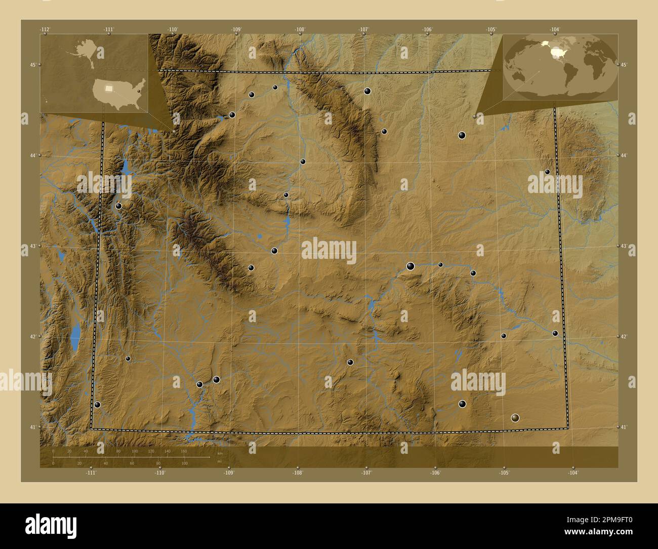 Wyoming, state of United States of America. Colored elevation map with lakes and rivers. Locations of major cities of the region. Corner auxiliary loc Stock Photo