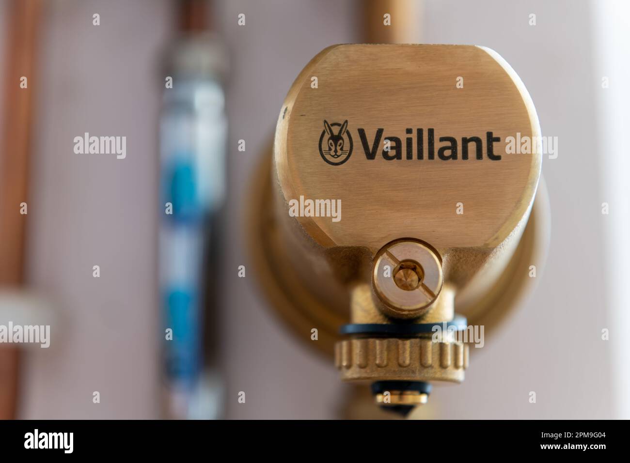 London. UK- 04.07.2023. The Vaillant company name and trademark on a part of a combi boiler. Stock Photo