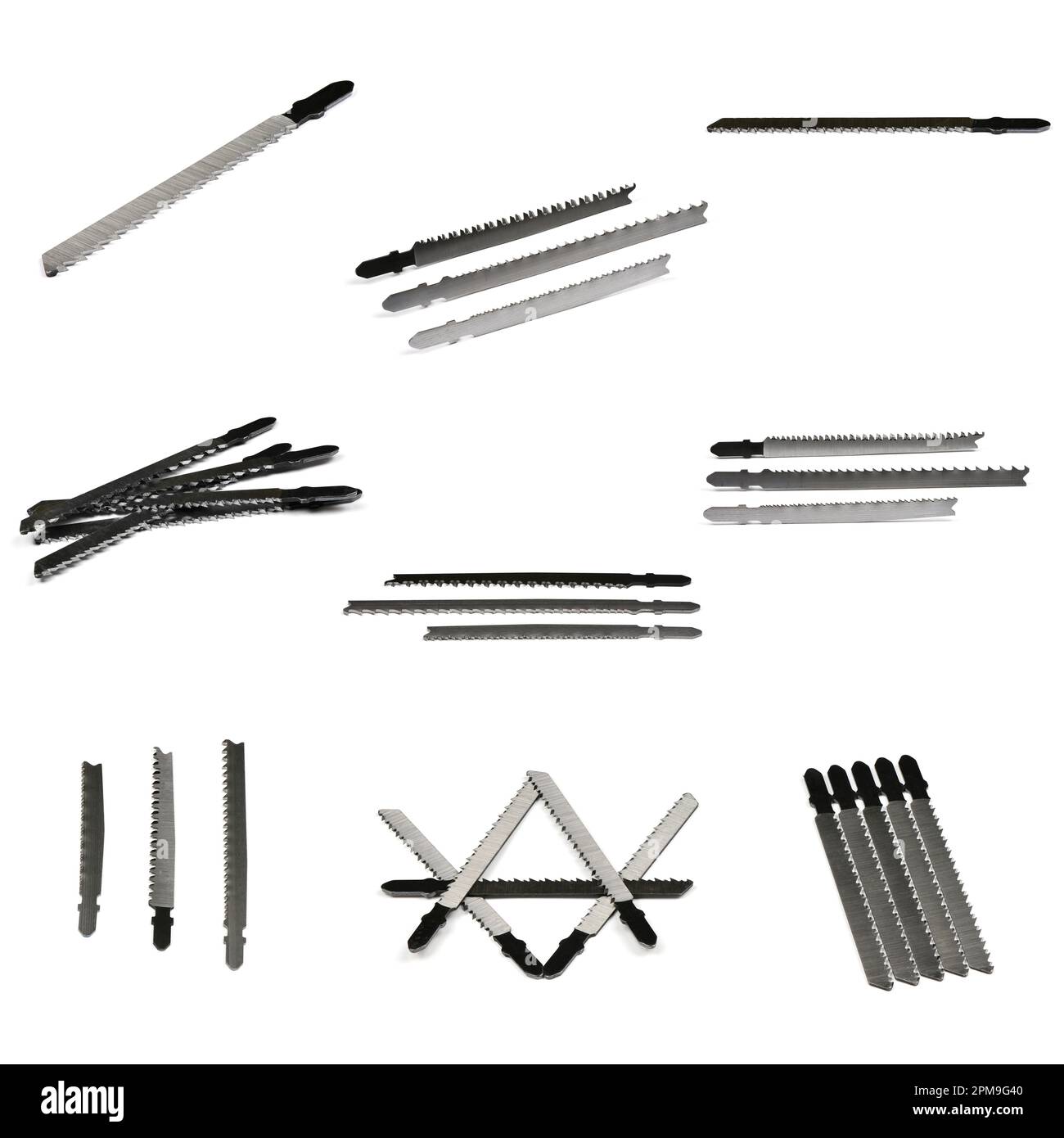 Nine jigsaw blades for wood isolated on white background. High