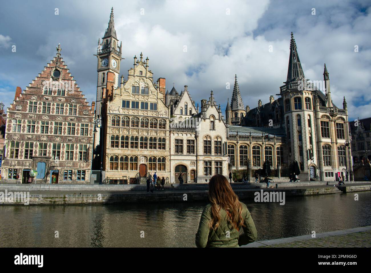 Iconic gothic architecture in Ghent, Belgium Downtown- Saint Nicholas' Church and Graslei buildings Stock Photo