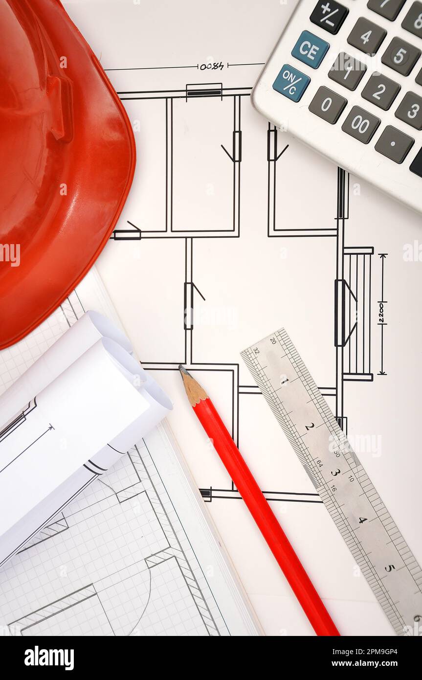 blueprint, calculator and tools on the desktop, workspace engineer Stock Photo
