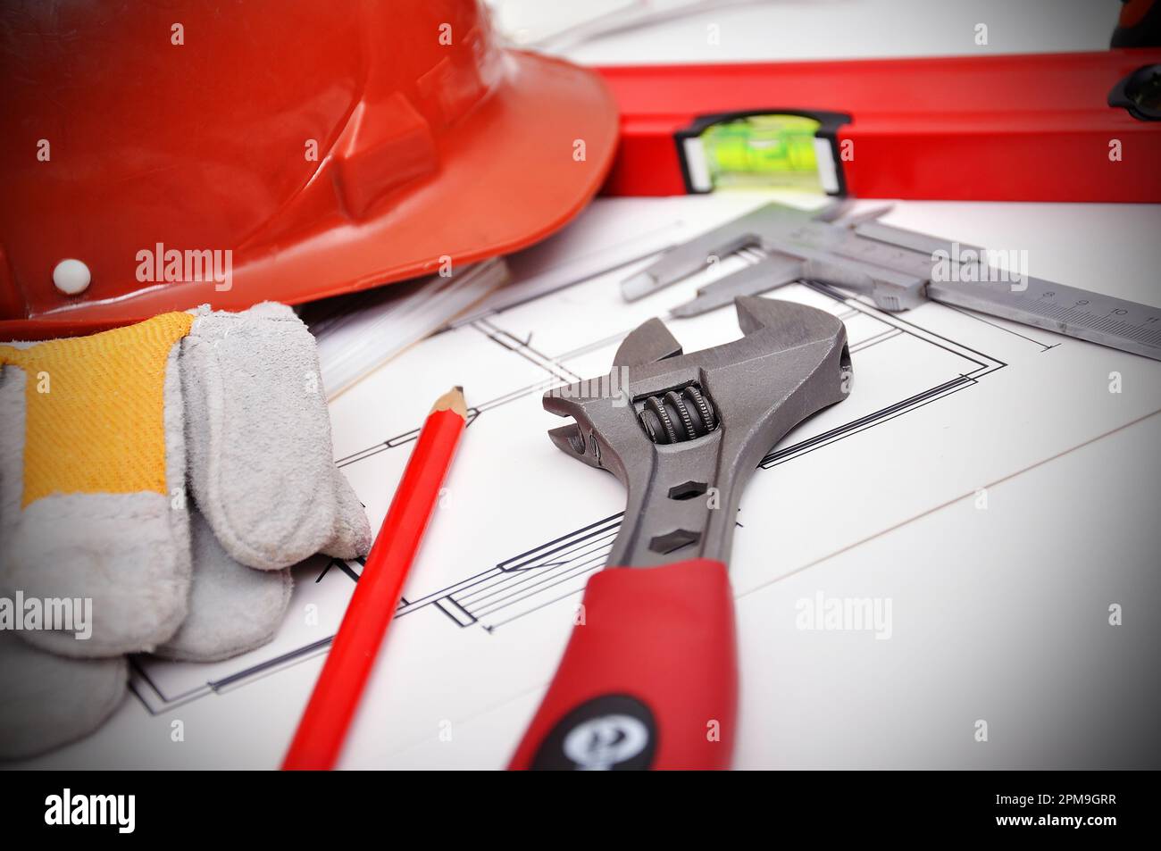 engineer workspace, blueprint and tools on the desktop Stock Photo Alamy
