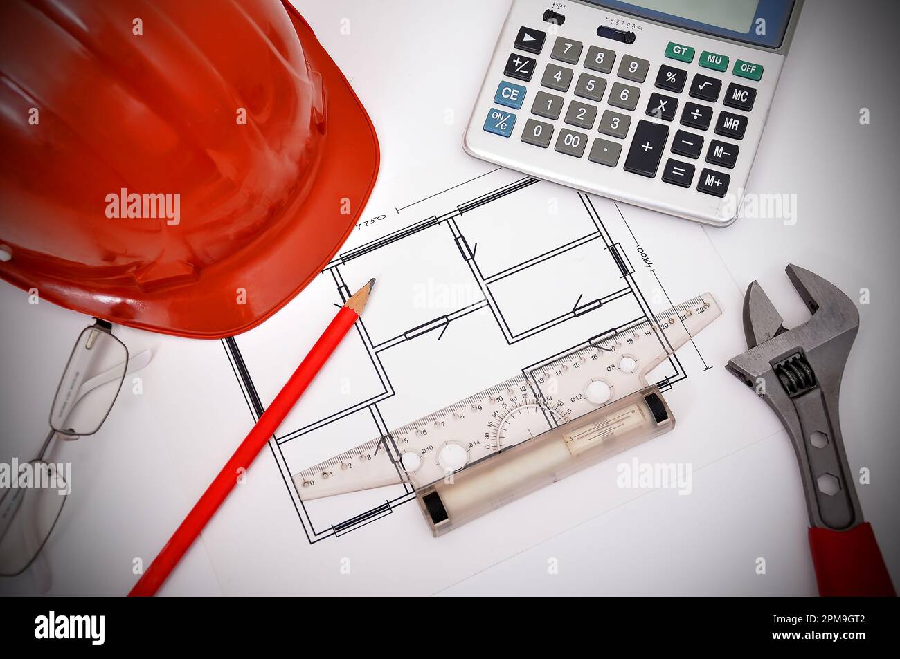 apartment blueprint and tools on desktop, workspace engineer Stock Photo