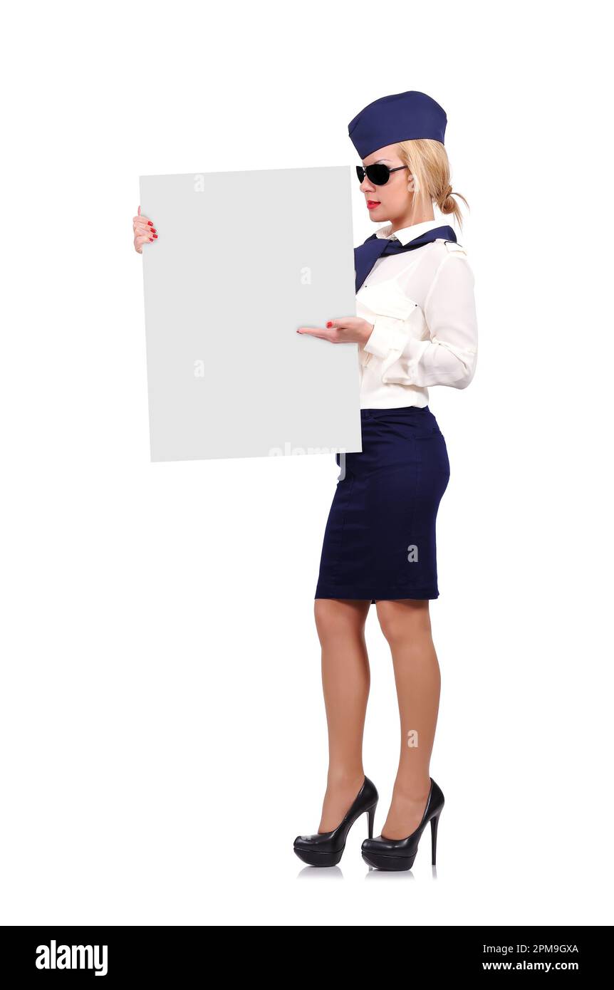 stewardess holding placard on a white background Stock Photo