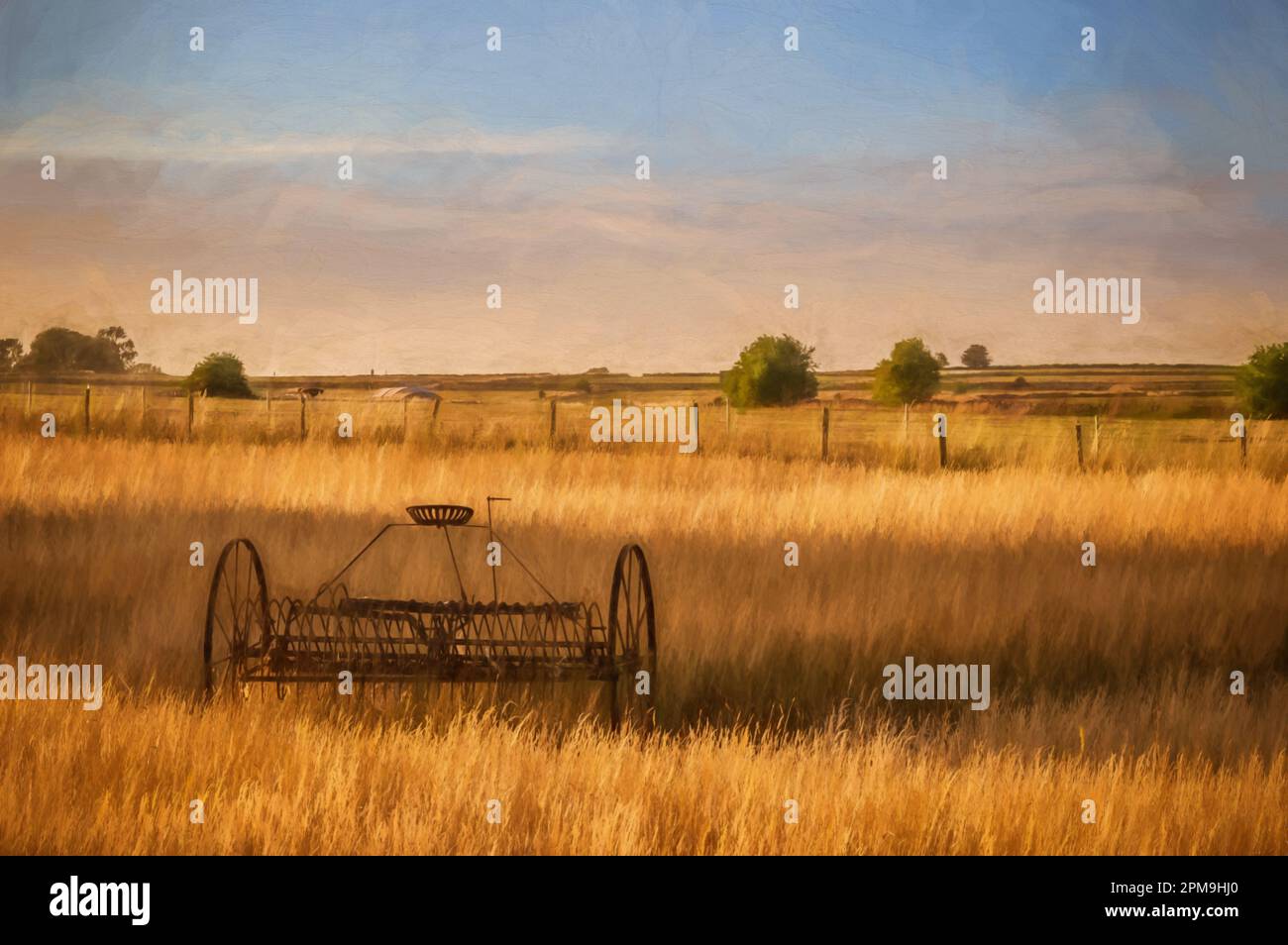Digital painting of an antique hay rake in a farmers field at sunset in ...