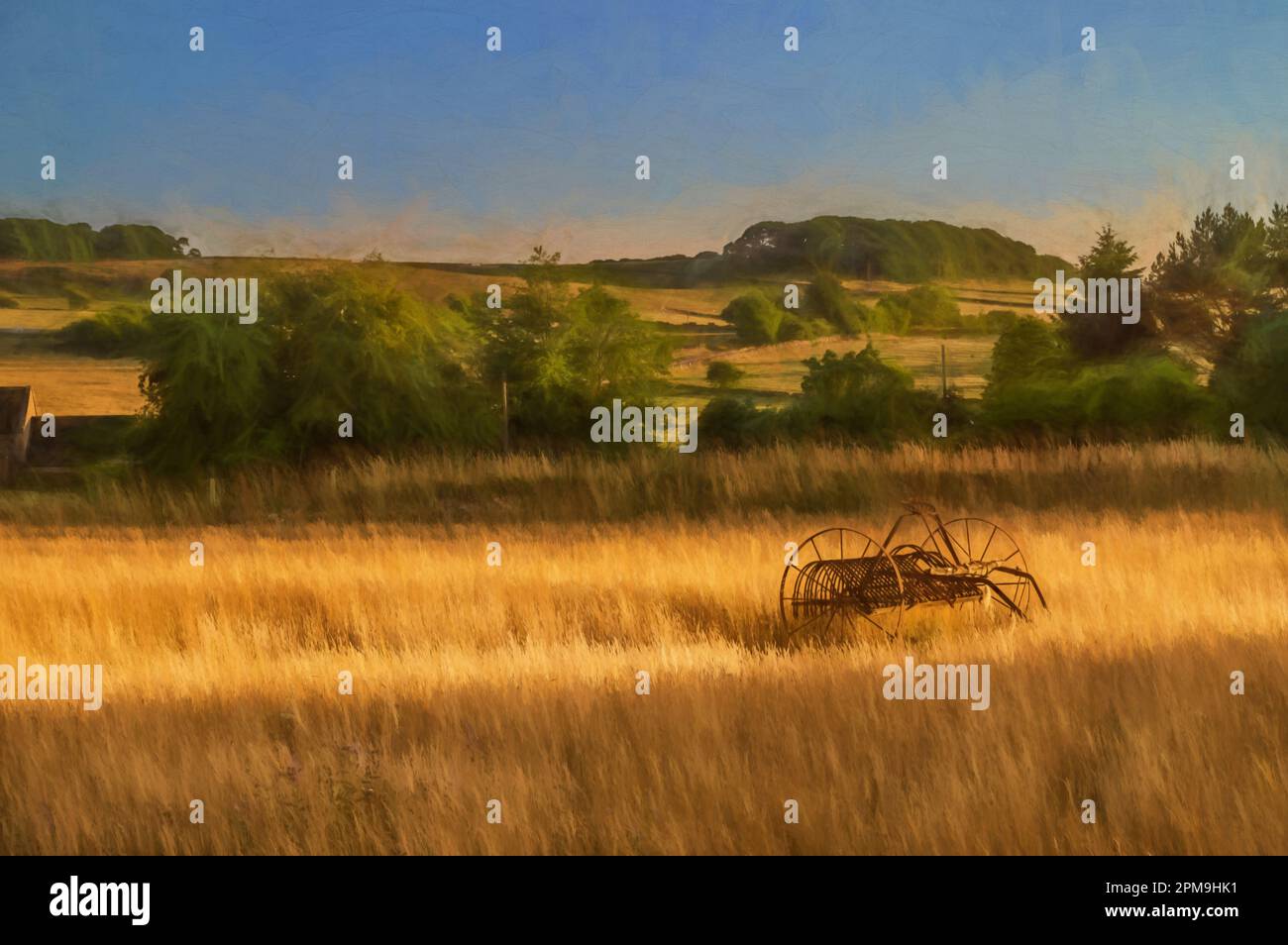 Digital painting of an antique hay rake in a farmers field at sunset in ...