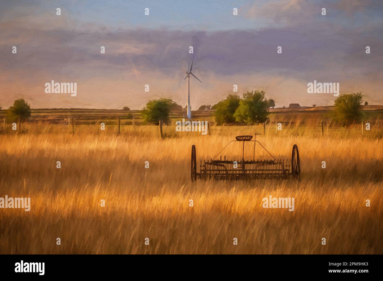 Digital painting of an antique hay rake in a farmers field at sunset in ...