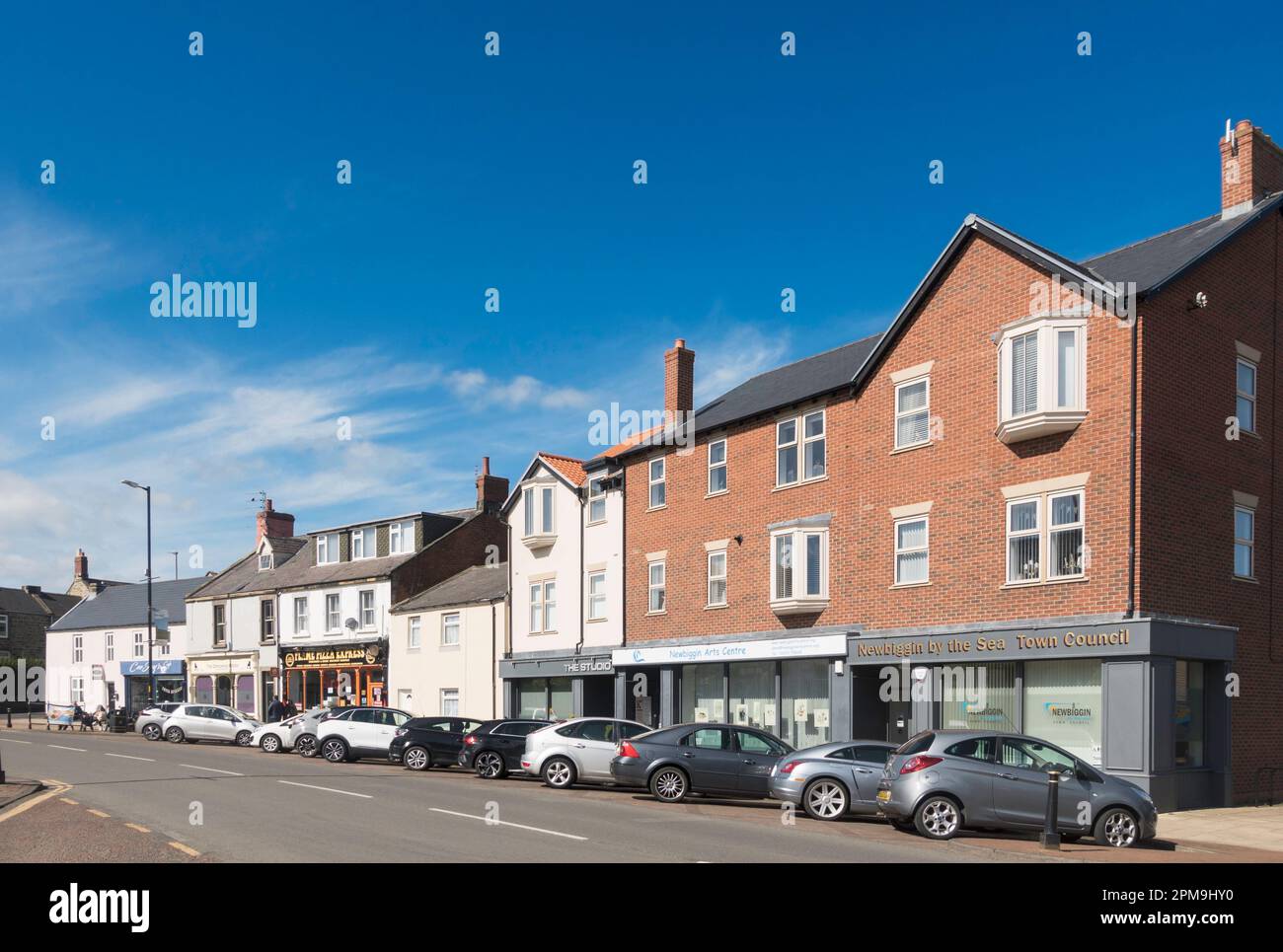 Front Street in Newbiggin by the Sea town centre, Northumberland, England, UK Stock Photo