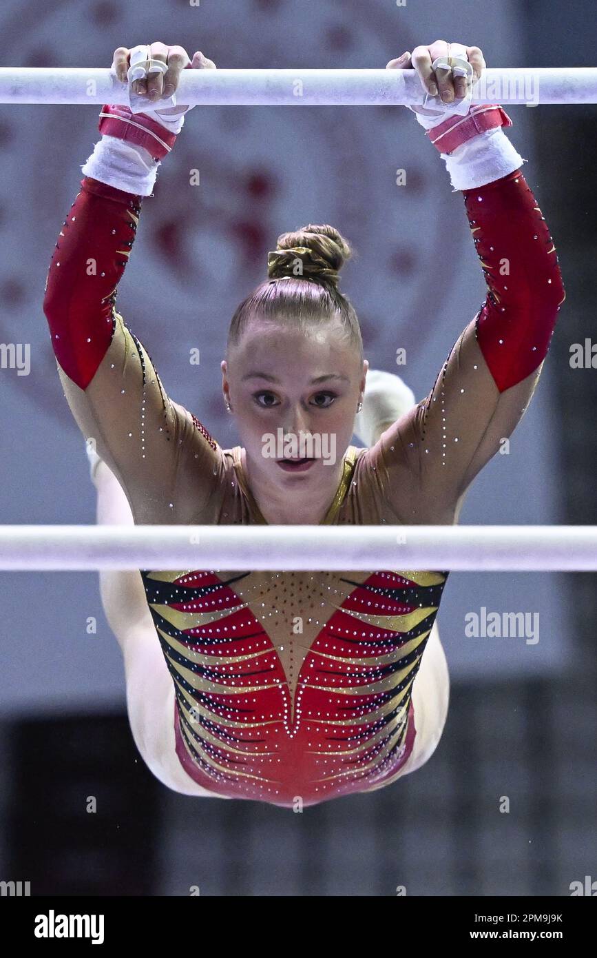 Antalya, Turkey. 12th Apr, 2023. Belgian gymnast Lisa Vaelen pictured in  action during the Uneven Bars exercise, the second exercise in the women's  team qualification, at the European Championships Gymanstics in Antalya,