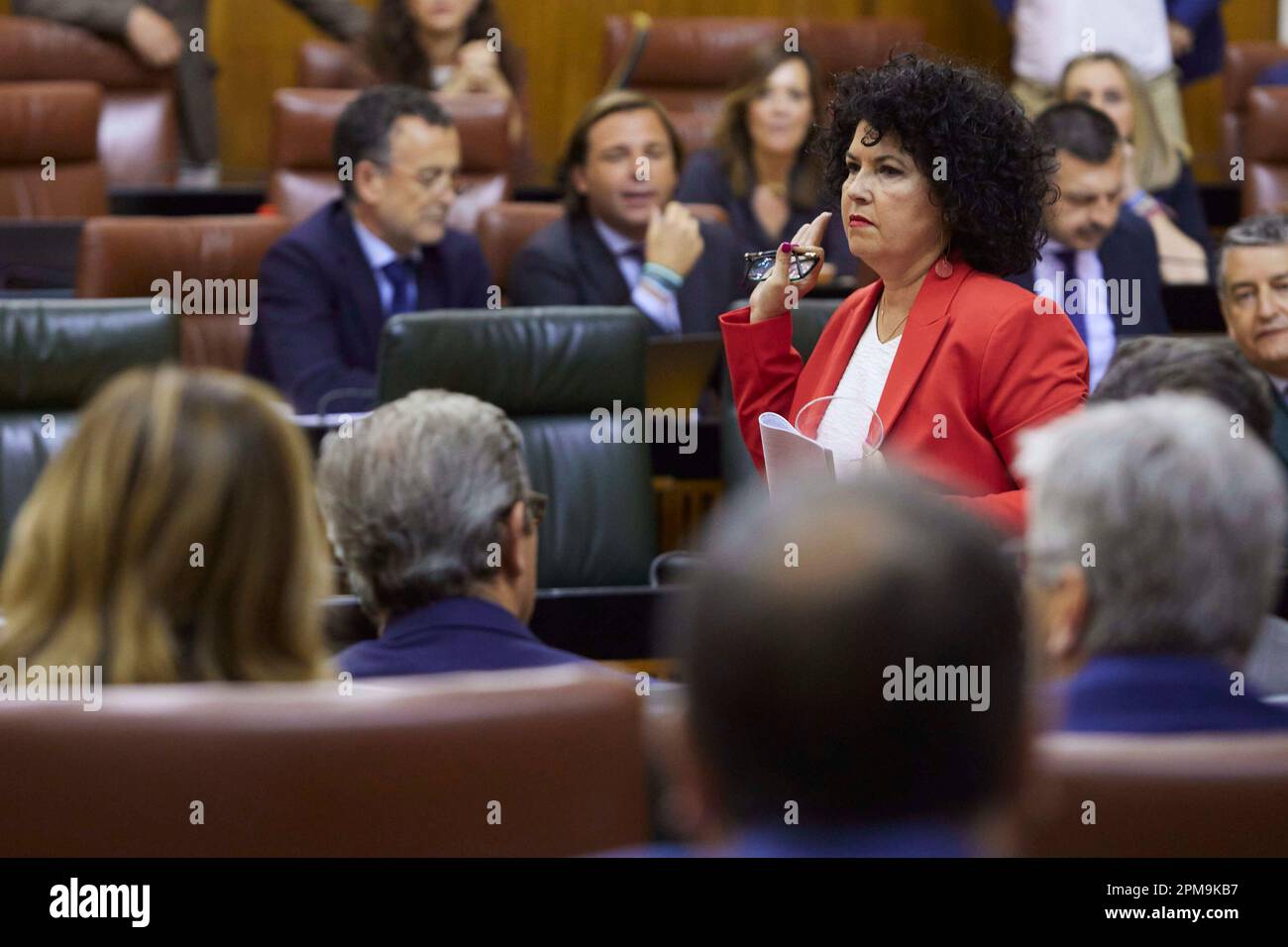The deputy of the Mixed Parliamentary Group-Adelante Andalucía, Maria Isabel  Mora, after her intervention during the first day of the Plenary Session of  the Andalusian Parliament in the Parliament of Andalusia, on