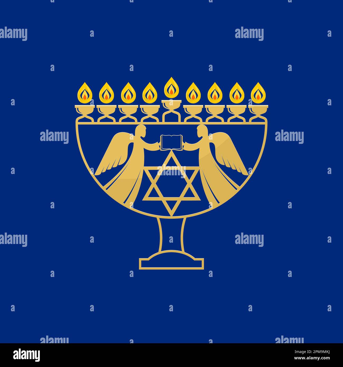 Vector illustration of a traditional Jewish Hanukkah menorah. Holiday candlestick with nine burning candles. Stock Vector