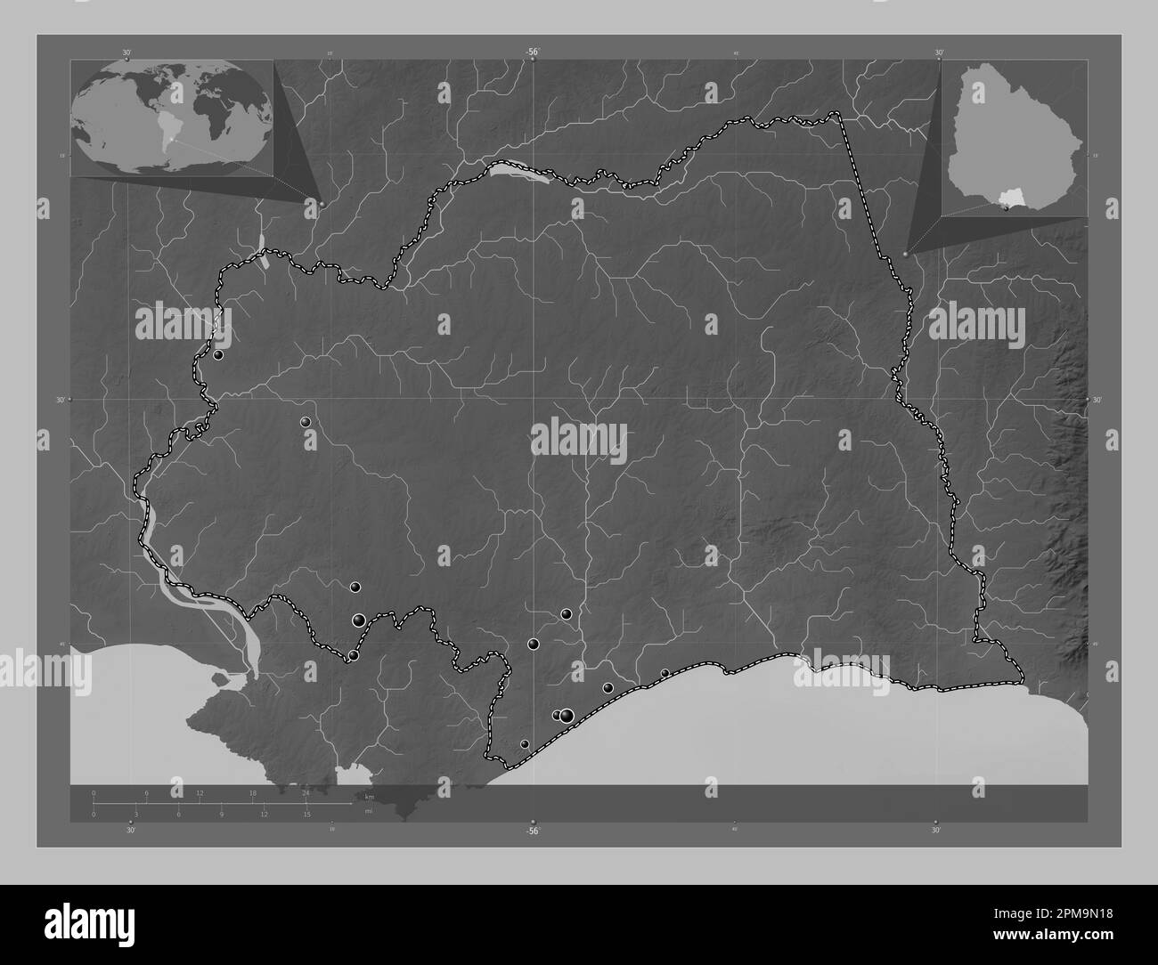 Canelones, department of Uruguay. Grayscale elevation map with lakes and rivers. Locations of major cities of the region. Corner auxiliary location ma Stock Photo