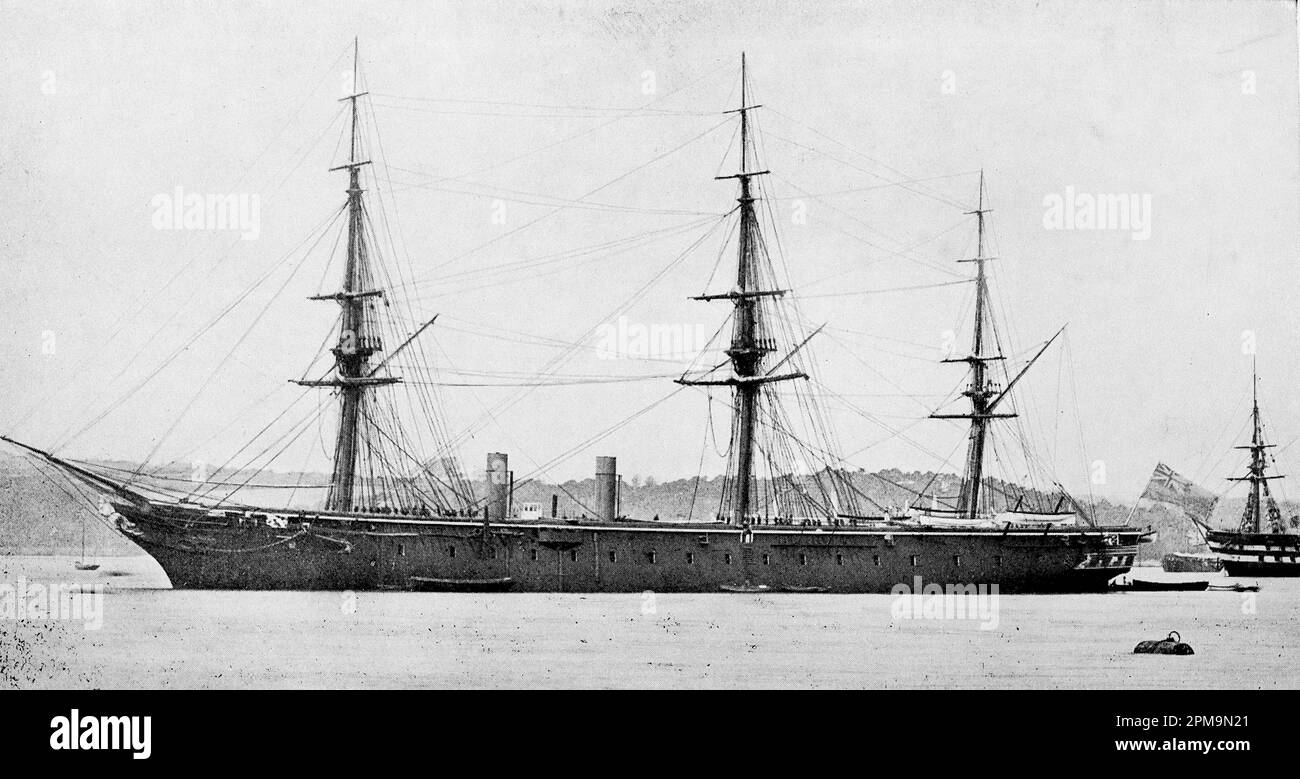 HMS  Warrior, c1861. From: The British Battle Fleet, its inception and growth throughout the centuries to the present day. Volume 1, by Fred T. Jane, published by Library Press Limited, London. 1915. The Royal Navy's first sea going ironclad warship, launched in 1860. In 1902 she became a depot ship and two years later was renames HMS Vernon III. She is now preserved as a museum ship at Portsmouth Harbour, in England. Stock Photo