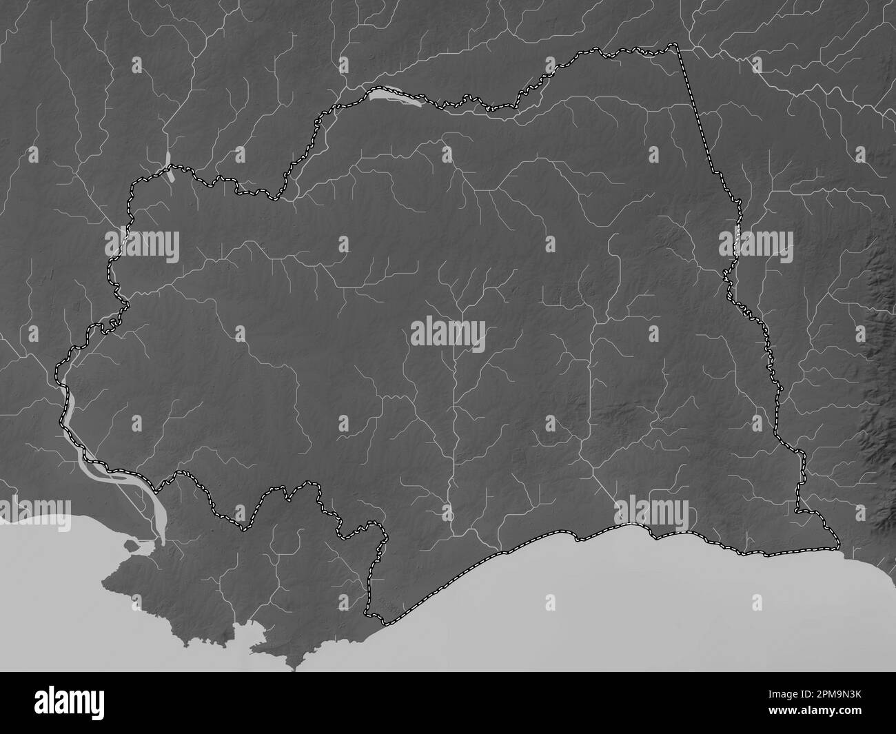 Canelones, department of Uruguay. Grayscale elevation map with lakes and rivers Stock Photo