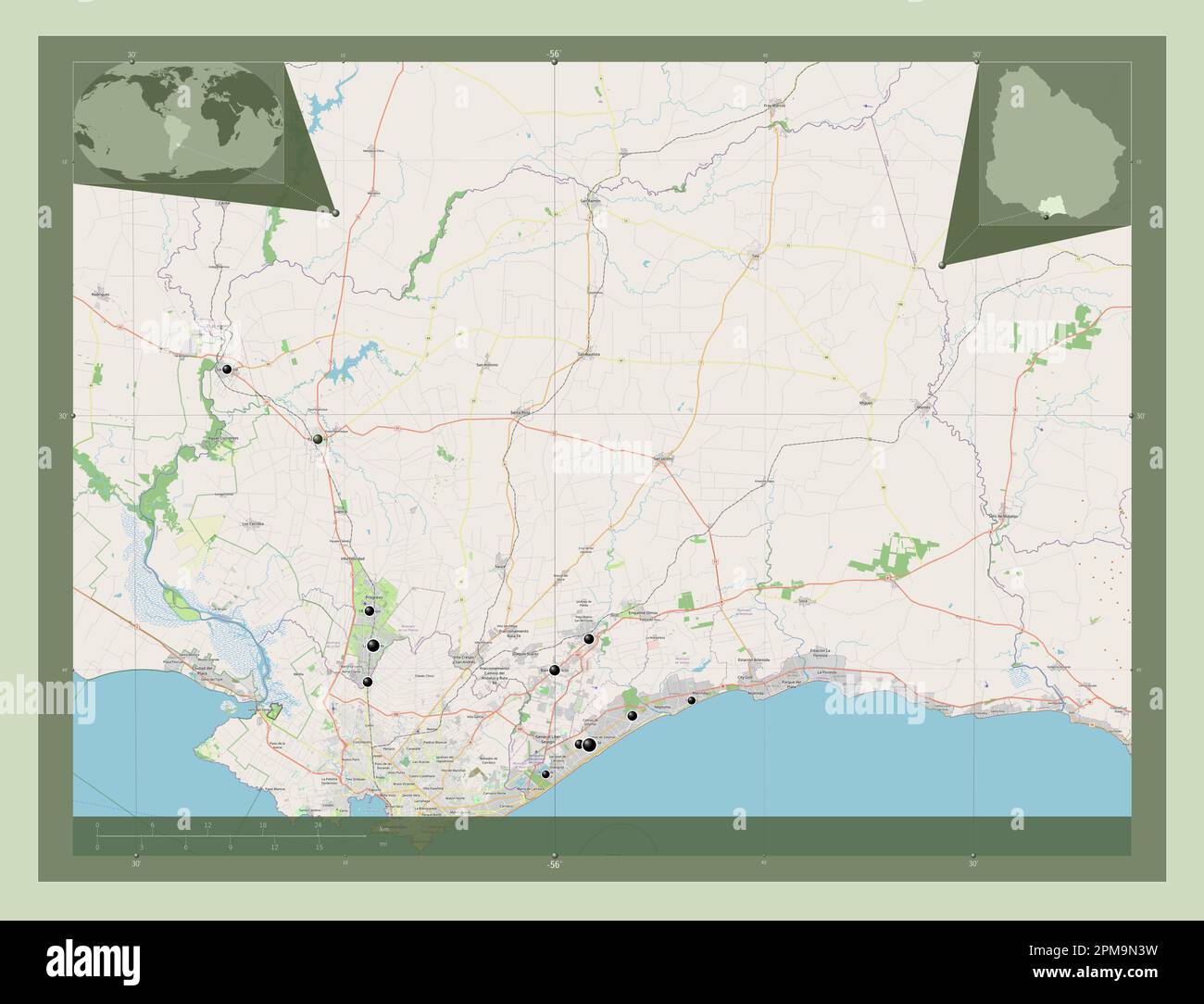 Canelones, department of Uruguay. Open Street Map. Locations of major cities of the region. Corner auxiliary location maps Stock Photo