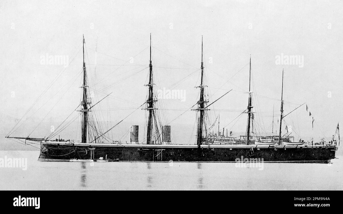 HMS Minotaur, c1867. From: The British Battle Fleet, its inception and growth throughout the centuries to the present day. Volume 1, by Fred T. Jane, published by Library Press Limited, London. 1915. Six Royal Navy vessels have born the Minotaur name. The pictured vessel was launched in 1863 and was the lead ship of the Minotaur Class ironclad battleships. She was renamed several times in the early twentieth century: HMS Boscawen II, HMS Ganges and HMS Ganges II and was scrapped in 1922. Stock Photo