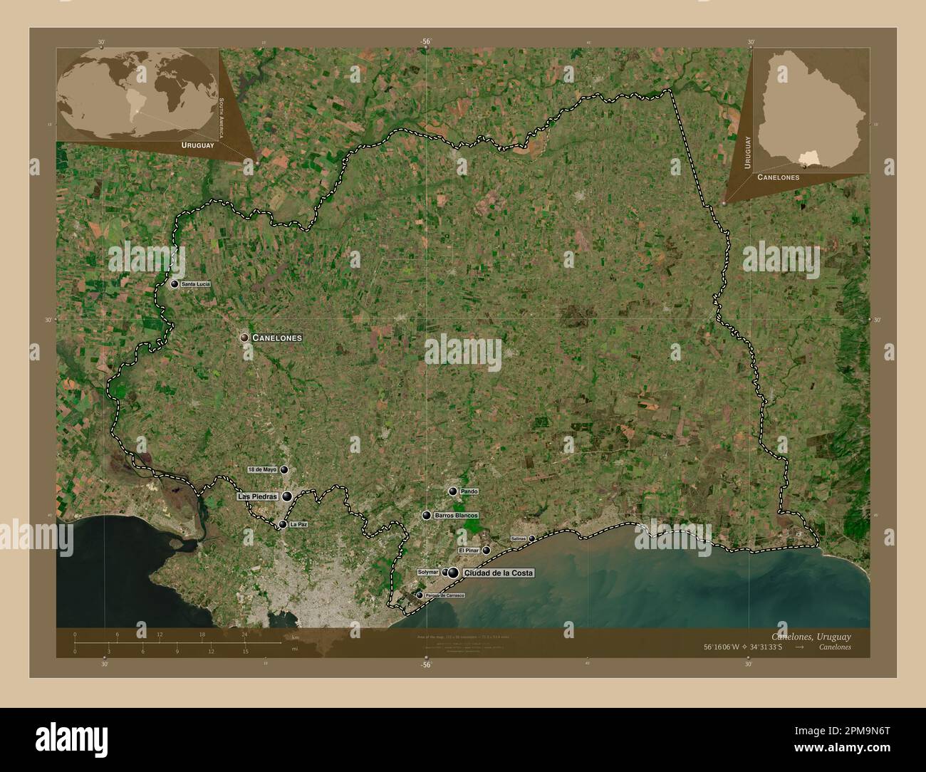 Canelones, department of Uruguay. Low resolution satellite map. Locations and names of major cities of the region. Corner auxiliary location maps Stock Photo