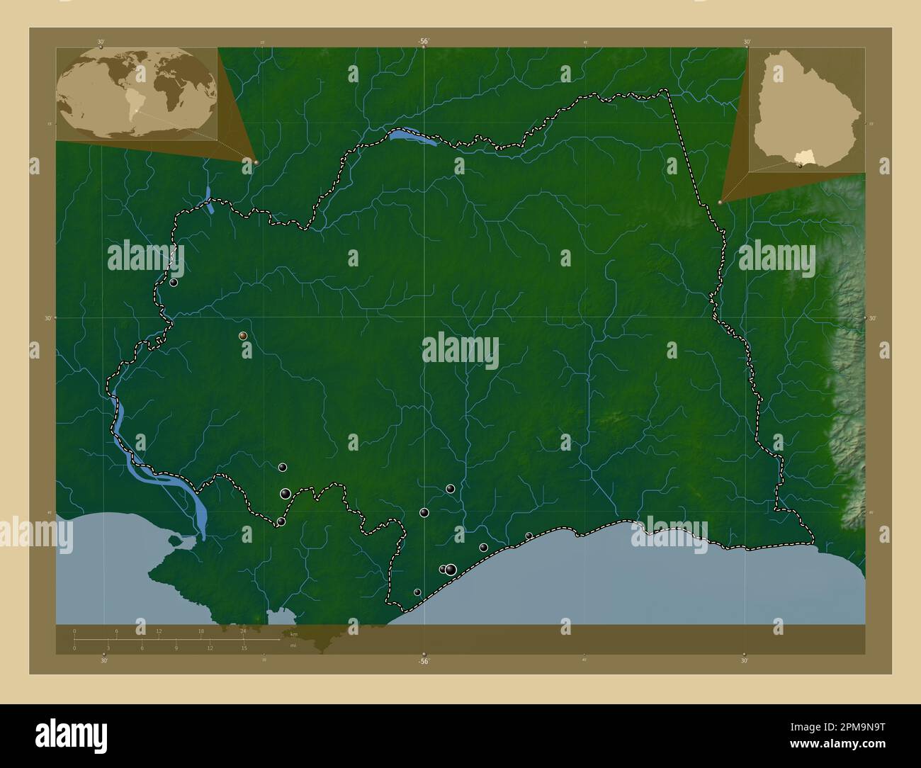 Canelones, department of Uruguay. Colored elevation map with lakes and rivers. Locations of major cities of the region. Corner auxiliary location maps Stock Photo