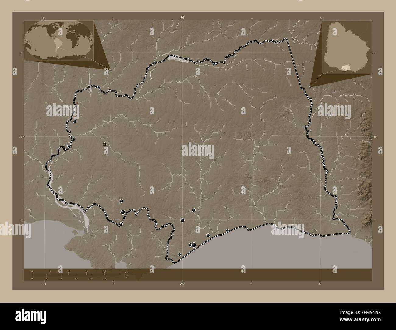 Canelones, department of Uruguay. Elevation map colored in sepia tones with lakes and rivers. Locations of major cities of the region. Corner auxiliar Stock Photo