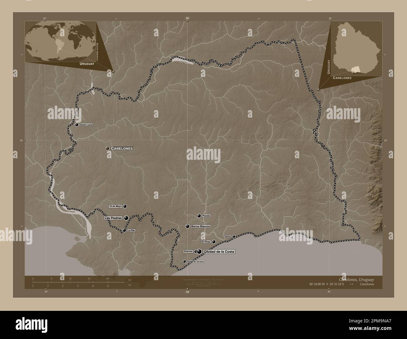 Canelones, department of Uruguay. Elevation map colored in sepia tones with lakes and rivers. Locations and names of major cities of the region. Corne Stock Photo