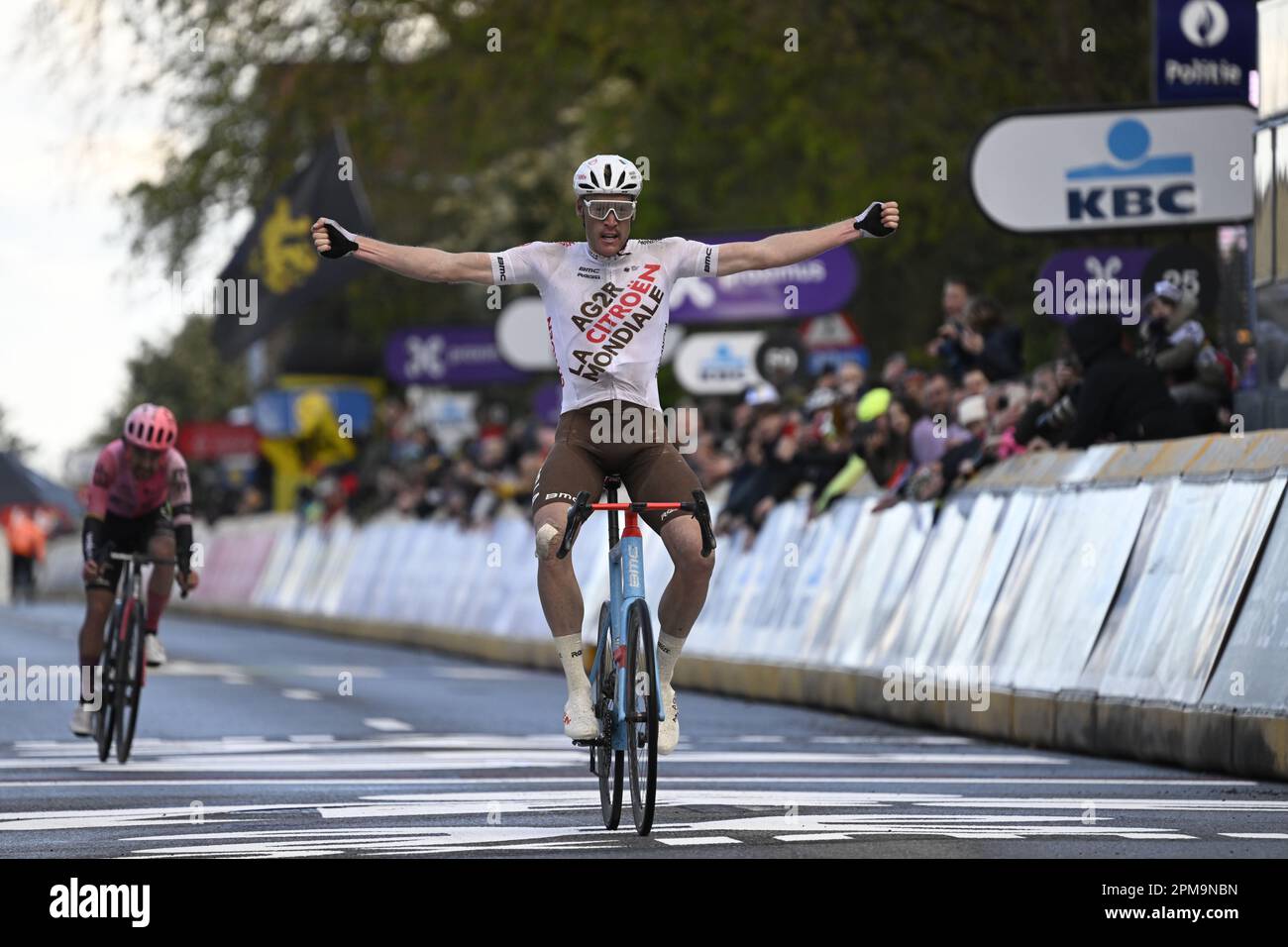Overijse, Belgium. 12th Apr, 2023. French Dorian Godon of AG2R Citroen celebrates as he crosses the finish line to win, before Irish Ben Healy of EF Education-EasyPost (L) the sprint at the finish of the men's 'Brabantse Pijl' one day cycling race, 205,1km from Leuven to Overijse on Wednesday 12 April 2023. BELGA PHOTO TOM GOYVAERTS Credit: Belga News Agency/Alamy Live News Stock Photo