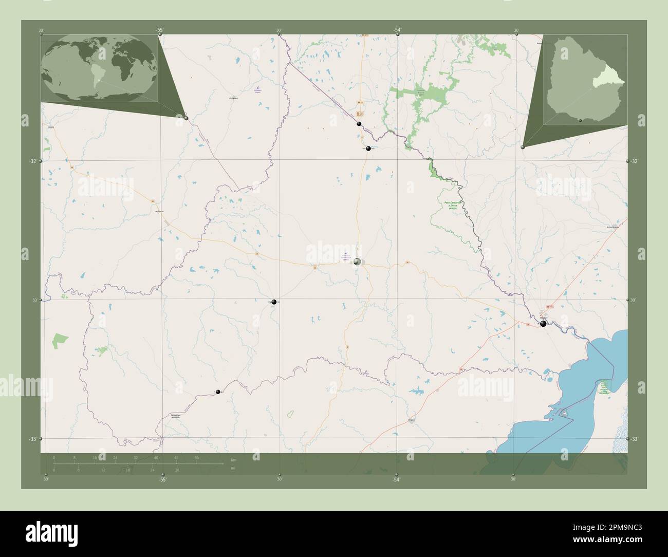 Cerro Largo, department of Uruguay. Open Street Map. Locations of major