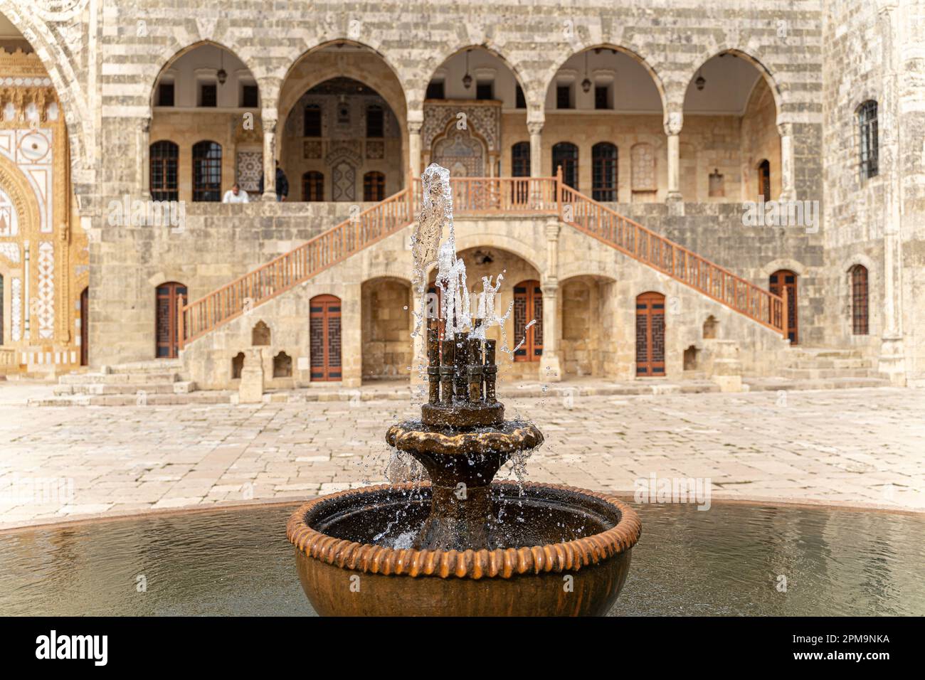 Old historic Beiteddine Palace courtyard with fountain, traditional Lebanese architecture, Lebanon Stock Photo