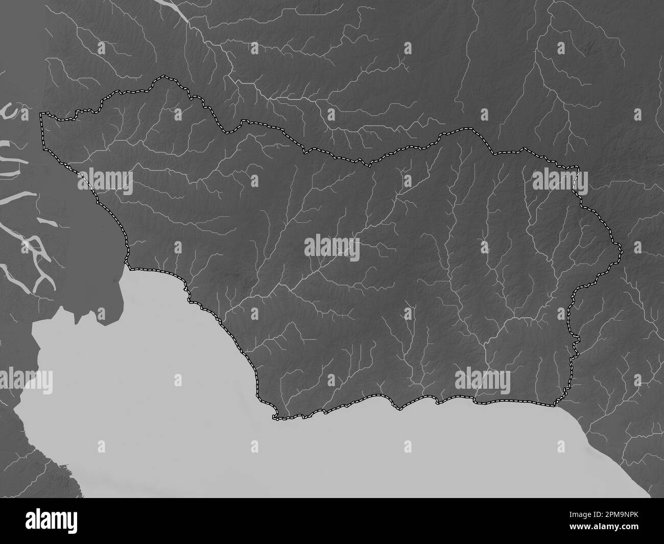 Colonia, department of Uruguay. Grayscale elevation map with lakes and rivers Stock Photo