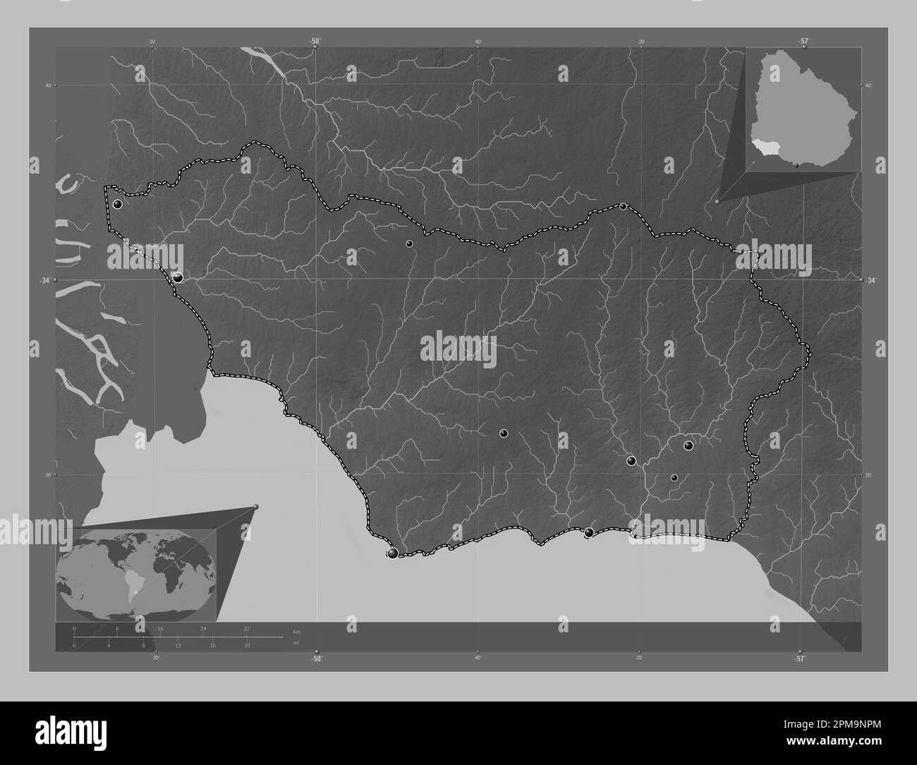 Colonia, department of Uruguay. Grayscale elevation map with lakes and rivers. Locations of major cities of the region. Corner auxiliary location maps Stock Photo