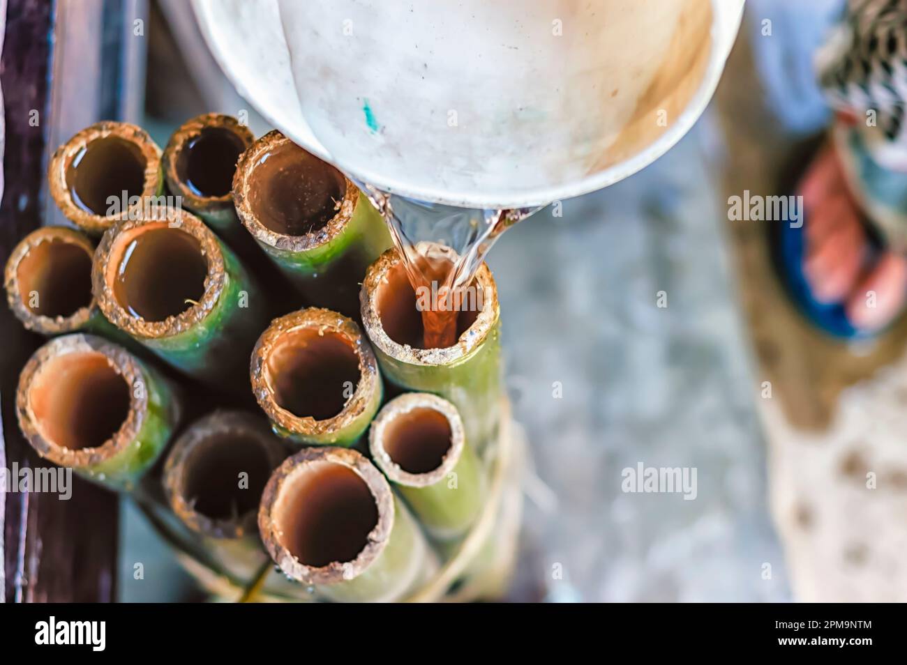 Bamboo sections being filled with water in preparation to cook sticky