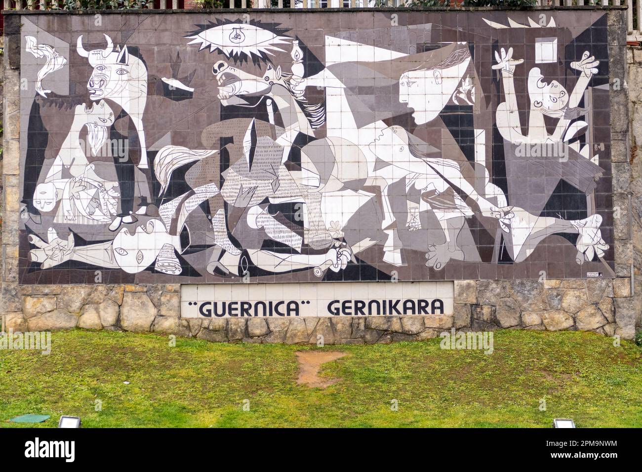 Guernica, Spain - APRIL 4, 2022: A tiled wall in Gernika reminds of the bombing during the Spanish Civil War. Stock Photo