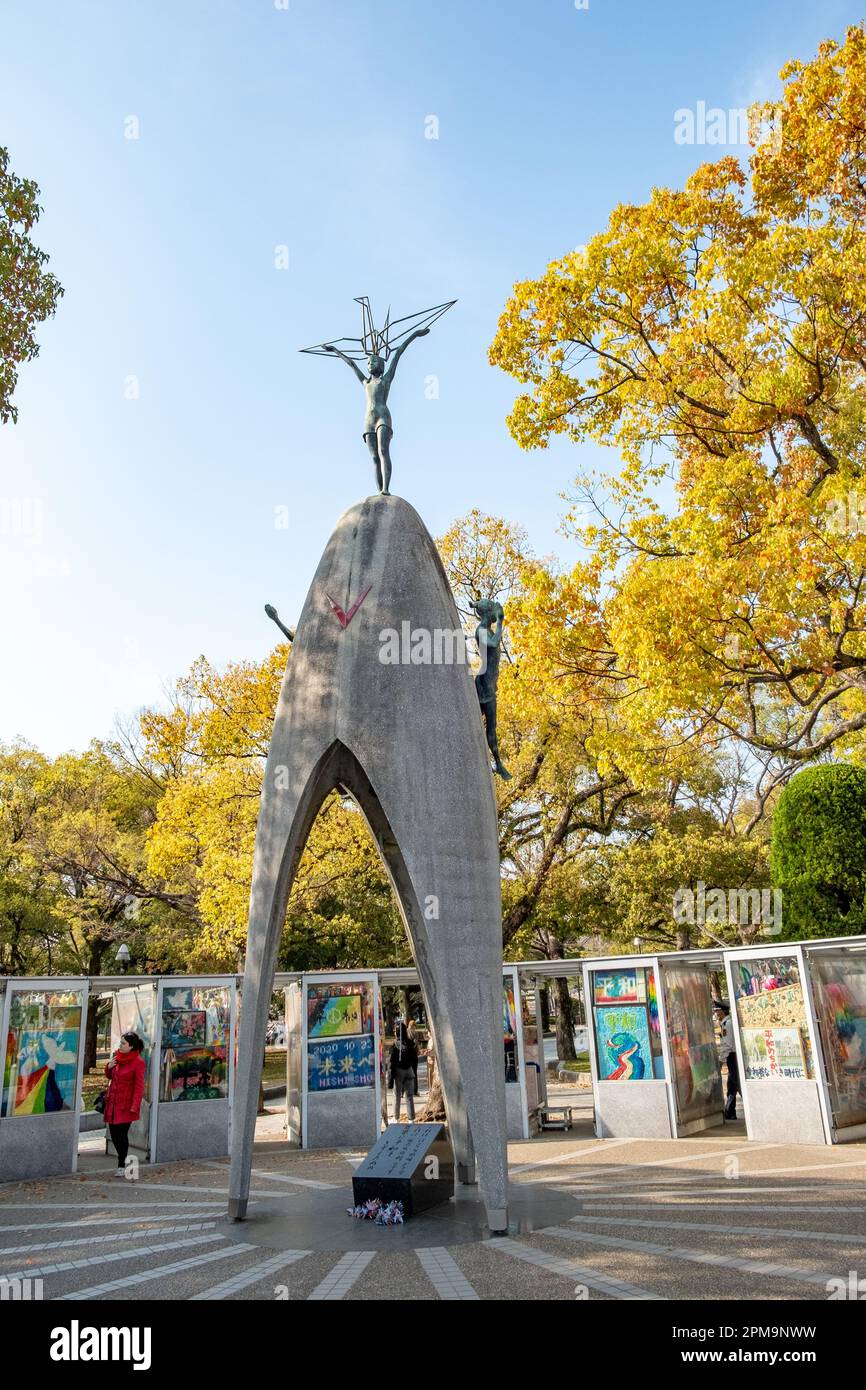 Hiroshima, Japan - March 29, 2023:  Children's Peace Monument is an attraction point for tourists in Japan and Japanese people in the atom bomb memori Stock Photo