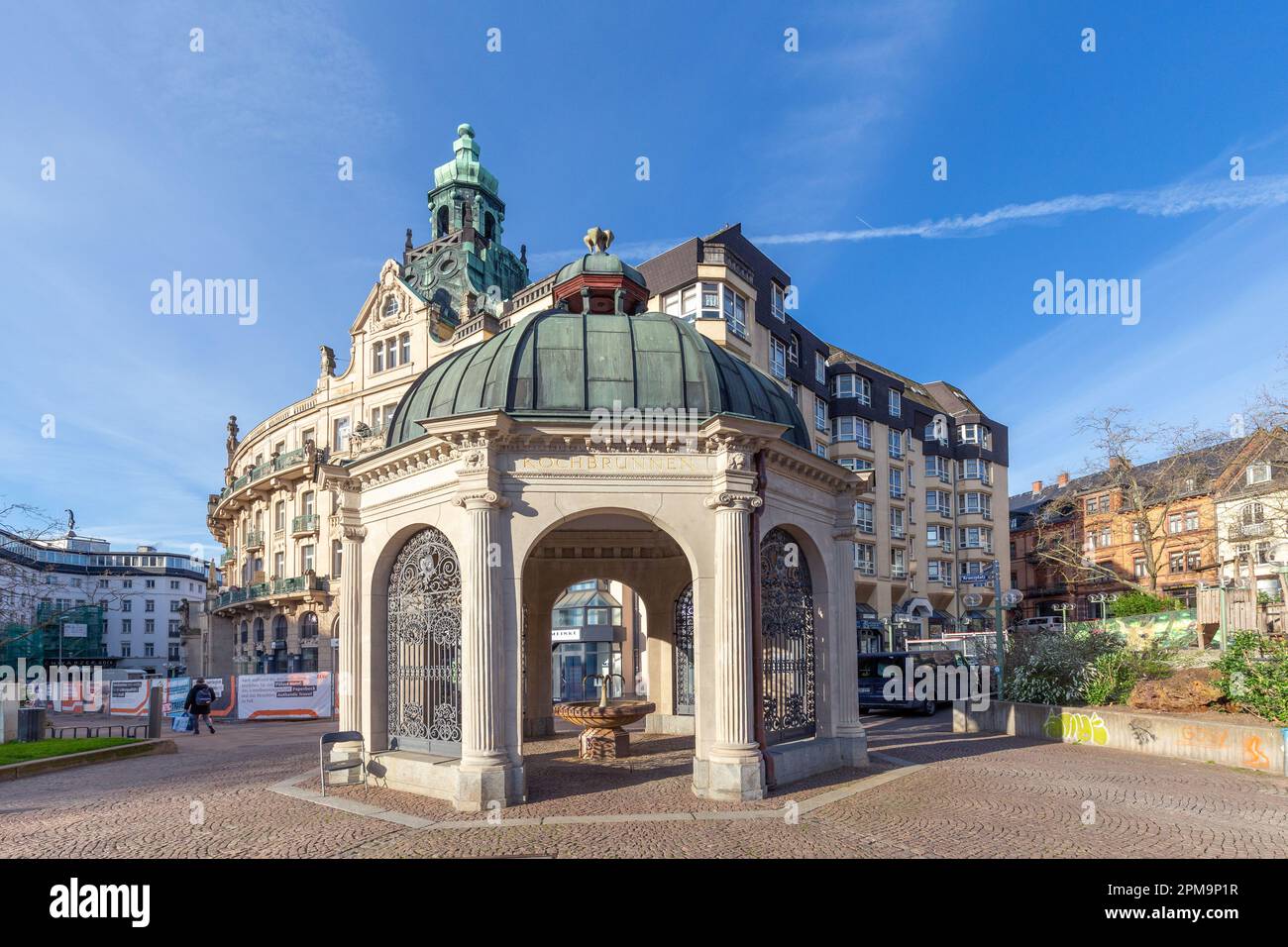 Wiesbaden, Germany - April 4, 2023: The Kochbrunnen (in German: boil fountain) in Wiesbaden is the most famous hot spring in city. It is a sodium chlo Stock Photo