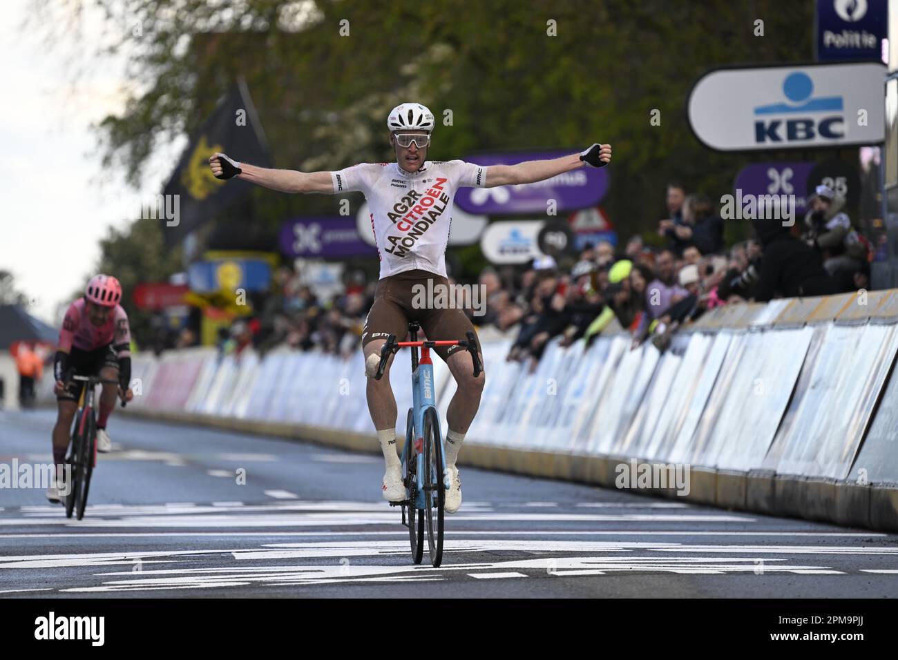 Overijse, Belgium. 12th Apr, 2023. French Dorian Godon of AG2R Citroen celebrates as he crosses the finish line to win, before Irish Ben Healy of EF Education-EasyPost the sprint at the finish of the men's 'Brabantse Pijl' one day cycling race, 205,1km from Leuven to Overijse on Wednesday 12 April 2023. BELGA PHOTO TOM GOYVAERTS Credit: Belga News Agency/Alamy Live News Stock Photo