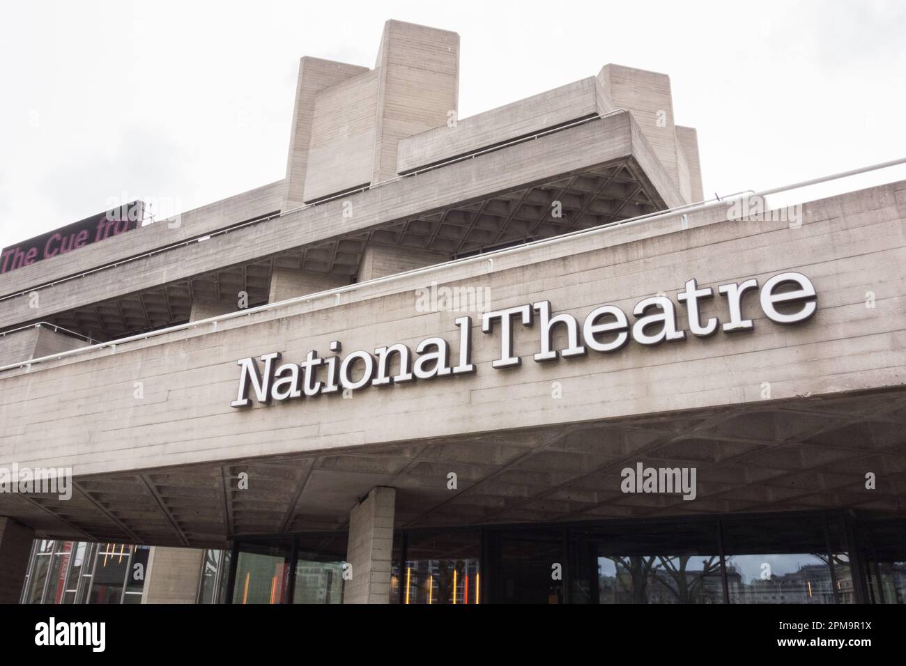 Closeup of National Theatre building and signage, Southbank Centre, Belvedere Road, London, SE1, England, UK Stock Photo