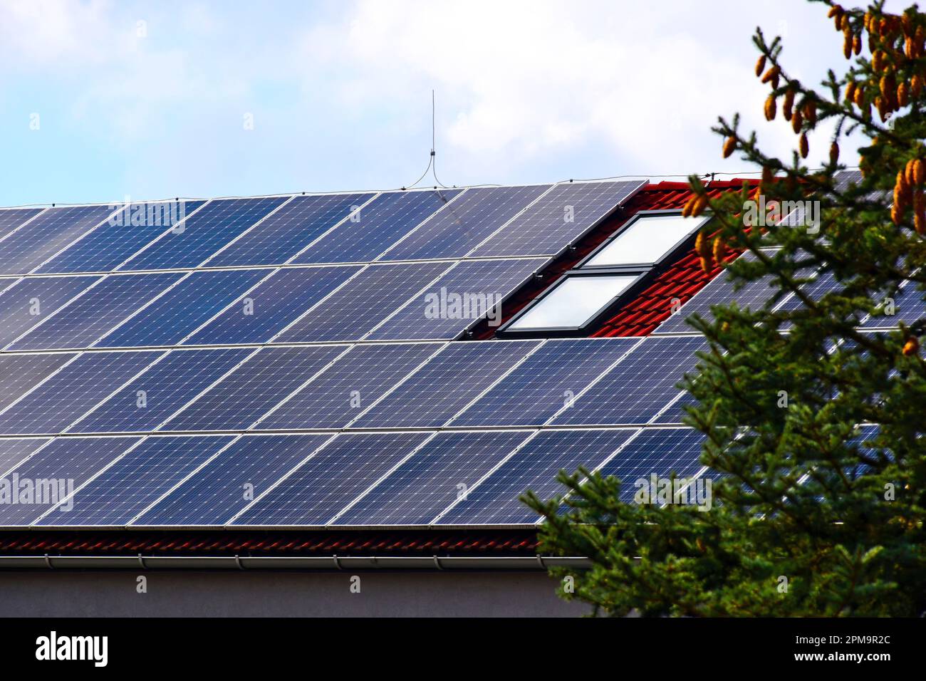 roof installed photovoltaic PV sun collector solar panels. sloped