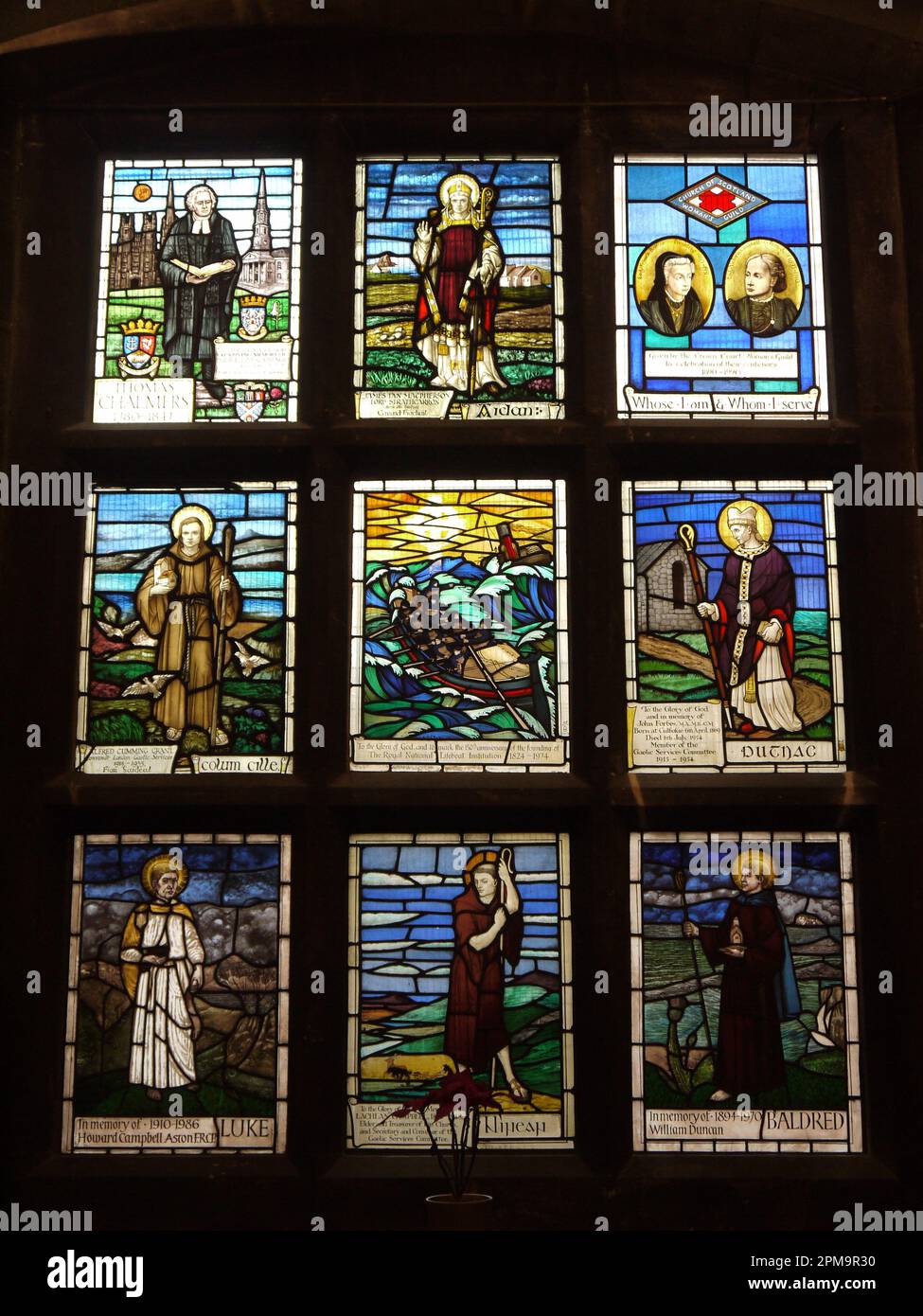 Celtic Saints window, Crown Court Church of Scotland in Covent Garden, London. Other panels are dedicated to the RNLI, Woman's Guild & Thomas Chalmers. Stock Photo