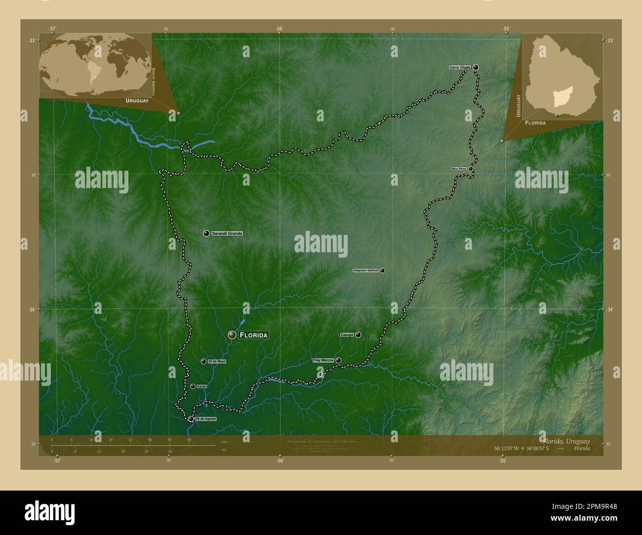 Florida, department of Uruguay. Colored elevation map with lakes and ...