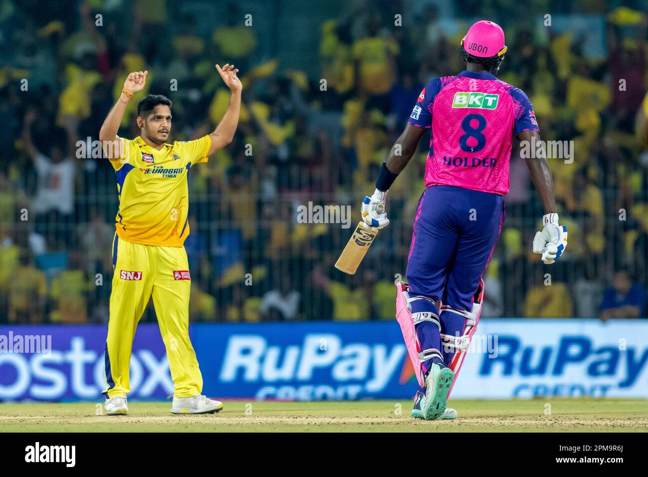 Tushar Deshpande of Chennai Super Kings celebrates the dismissal of
