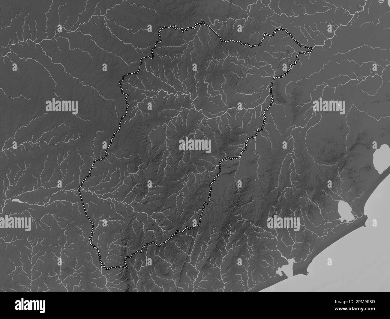 Lavalleja, department of Uruguay. Grayscale elevation map with lakes and rivers Stock Photo