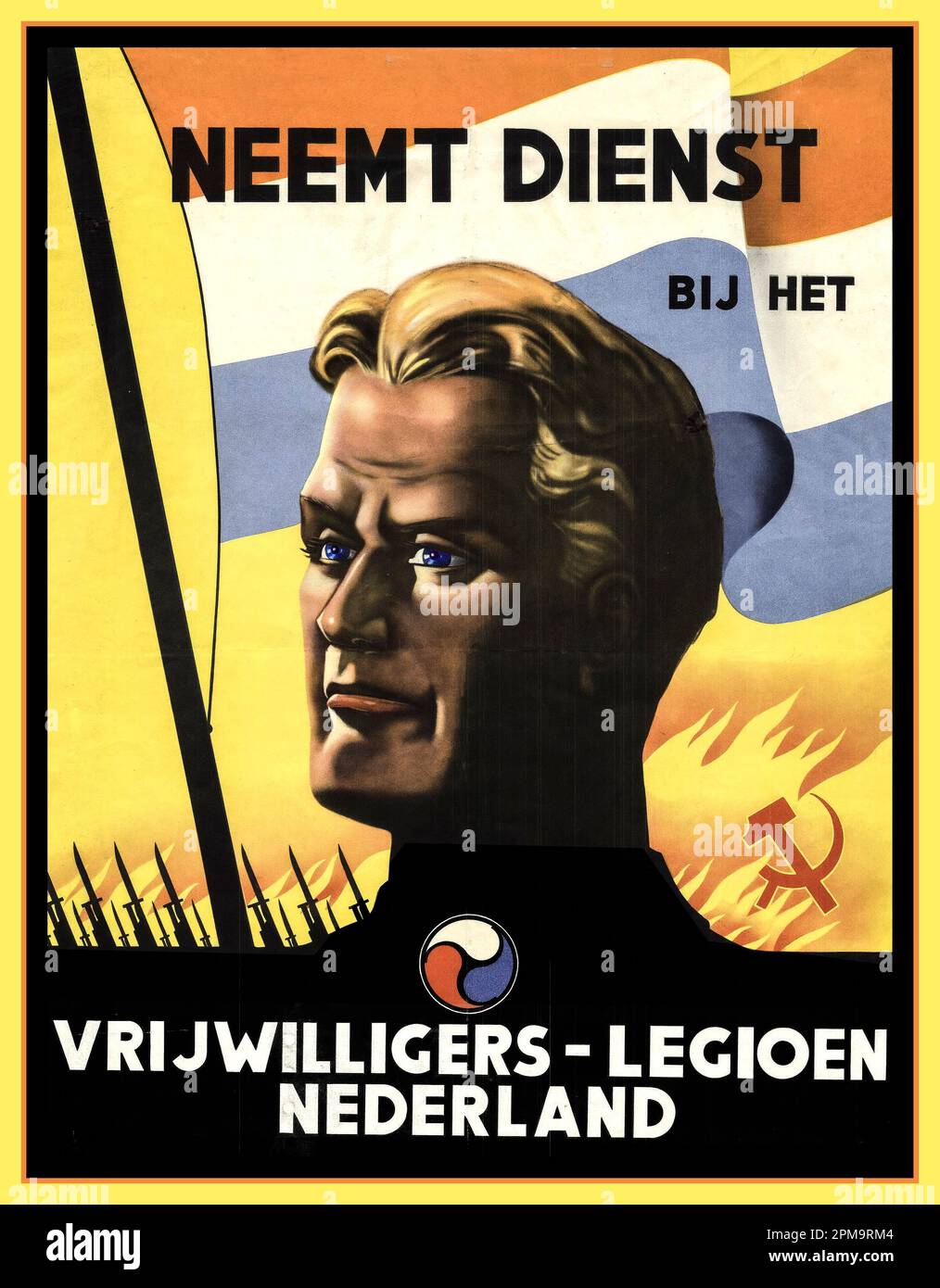 WW2 Dutch Right Wing Nazi friendly recruitment poster featuring a blond blue eyed aryan male 'Enlist in the Volunteer Legion Netherlands A call to join the Volunteer Legion Netherlands: 'Enlist in the Volunteer Legion Netherlands Holland Stock Photo