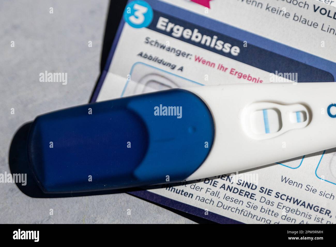 Berlin, Germany. 12th Apr, 2023. A positive pregnancy test is on a