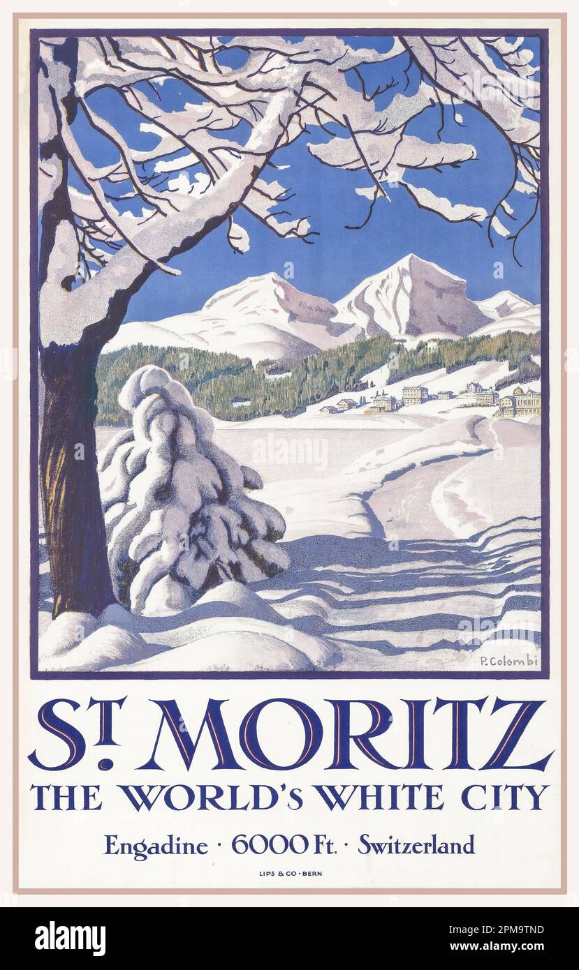 ST.MORITZ Vintage Travel Poster St. Moritz – The World’s White City – Engadine – 6000 Ft. – Switzerland Winter snow scene scenic luxury ski skiing resort Date 1929 lithograph Plinio Colombi: Stock Photo
