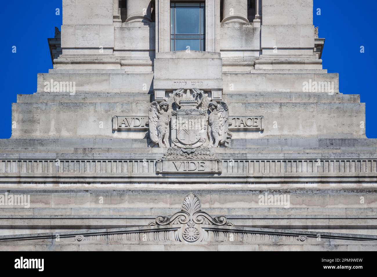 Front exterior of Freemasons Hall, detail of facade Stock Photo