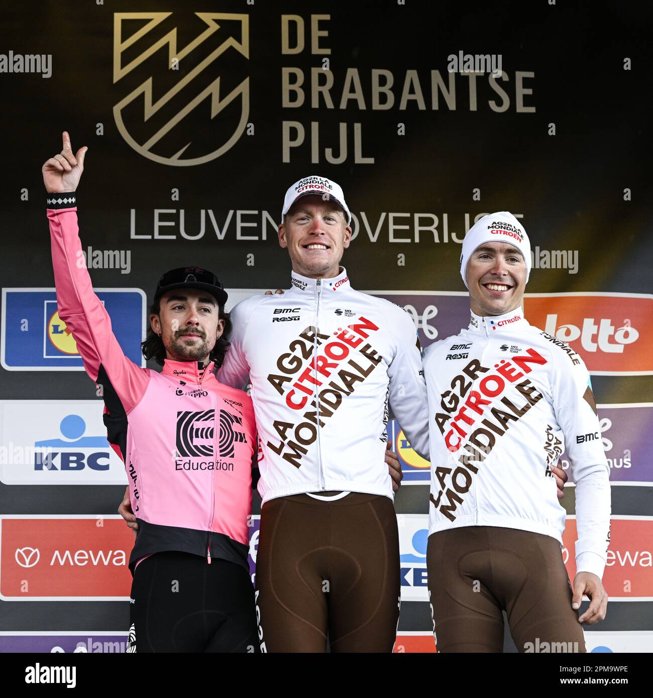 Overijse, Belgium. 12th Apr, 2023. Irish Ben Healy of EF Education-EasyPost, French Dorian Godon of AG2R Citroen and French Benoit Cosnefroy of AG2R Citroen pictured on the podium after the men's 'Brabantse Pijl' one day cycling race, 205,1km from Leuven to Overijse on Wednesday 12 April 2023. BELGA PHOTO TOM GOYVAERTS Credit: Belga News Agency/Alamy Live News Stock Photo