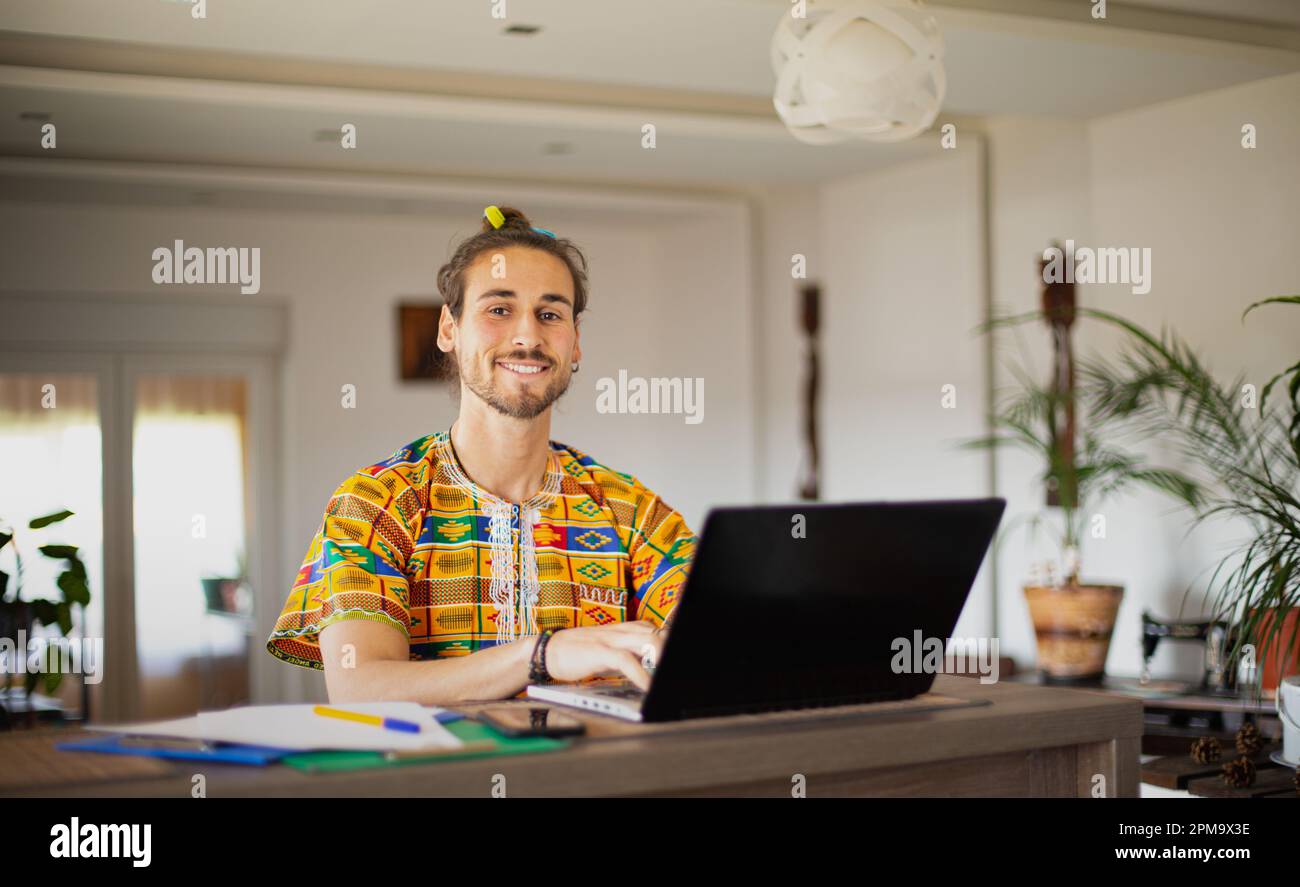 Long hair student  work from home Stock Photo