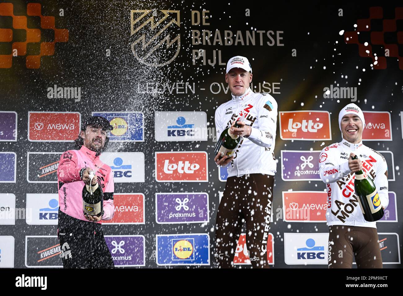 Overijse, Belgium. 12th Apr, 2023. Irish Ben Healy of EF Education-EasyPost, French Dorian Godon of AG2R Citroen and French Benoit Cosnefroy of AG2R Citroen pictured on the podium after the men's 'Brabantse Pijl' one day cycling race, 205,1km from Leuven to Overijse on Wednesday 12 April 2023. BELGA PHOTO TOM GOYVAERTS Credit: Belga News Agency/Alamy Live News Stock Photo