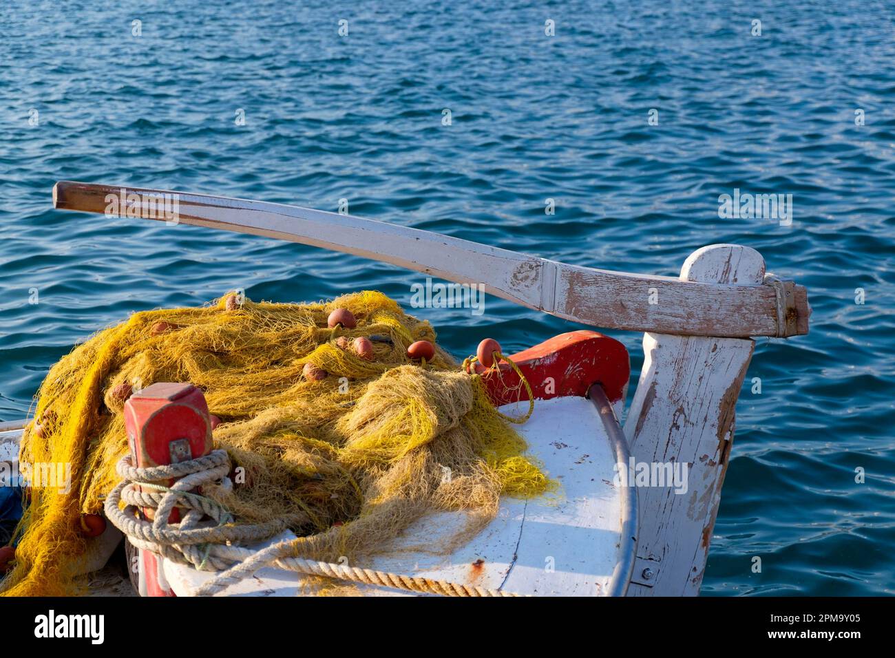 Greek Rudder Rudder of an old fishing boat, boat detail, Parikia harbour, Paros ...